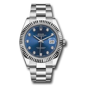 Datejust 41mm 126334-0015 White Gold Bezel Blue Diamond Dial Fluted Bezel Steel Oyster Bracelet