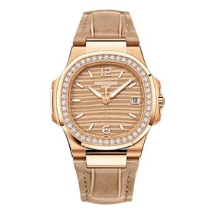 Nautilus 7010R-012 Golden Index Dial Diamond-Set Bezel 32Mm 18K Rose Gold Beige Leather Straps