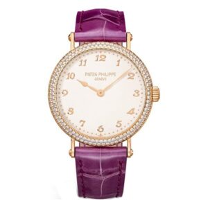 Calatrava 7200/200R-001 Studded Silver Dial Diamond-Set Bezel 34.6Mm 18Kt Rose Gold Royal Purple Leather Straps