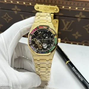 Audemars Piguet Royal Oak Openworked Frosted 15412 Case Yellow Bezel Stone Baguette 41mm Super Clone