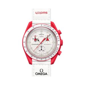 X Swatch Mission To Mars So33R100 Moonswatch Red Bioceramic 42Mm White Straps