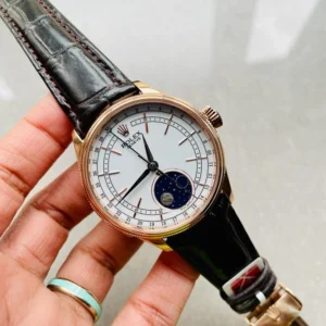 Rolex Cellini Moonphase 50535 RG White Dial on Leather Strap KZF Asia 3195 Mod Super Clone