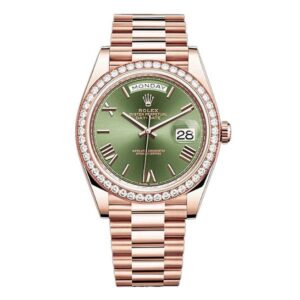Day-Date 228345RBR OGRP 18K Everose Gold Diamond Bezel 40mm Olive Green Roman Dial