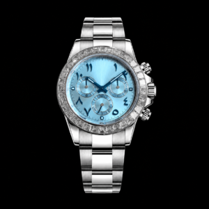 Platinum Ice Blue Arabic Baguette Bezel Luxury Chronograph Watch 40mm