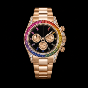 Yellow Gold Rainbow Sapphire Bezel Black Dial Luxury Chronograph Watch 40mm
