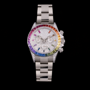 Rainbow Style Chronograph Watch White Gold Finish Pave Dial 40mm