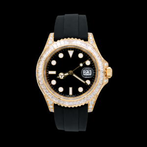 Yacht Style Watch Black Dial Yellow Gold Baguette Bezel 42mm