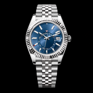 Luxury Dual Time Watch White Gold Bright Blue Dial Chronometer 42mm