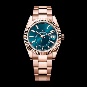 Luxury Dual Time Watch Everose Gold Finish Blue Green Dial 42mm