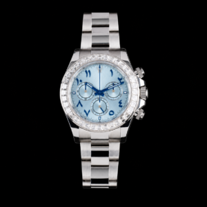Platinum Prestige Chronograph Watch Baguette Bezel Blue Arabic Dial 40mm